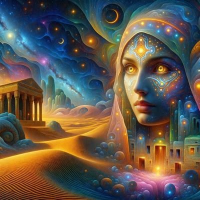 The primary subject of the image is a woman with a headpiece, possibly a veil or a headband, and her eyes are open. She is surrounded by a vibrant and colorful environment, which includes a desert landscape and a cityscape with buildings. The visual style of the image is digital art, and the colors and mood are lively and energetic.